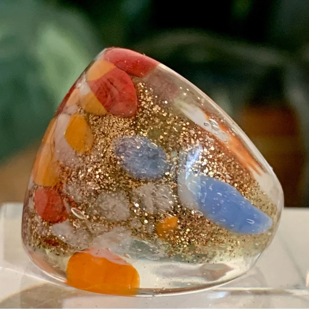 Vintage Murano Style Art Glass Hand Blown Lampwork Confetti Dome Ring Size 7